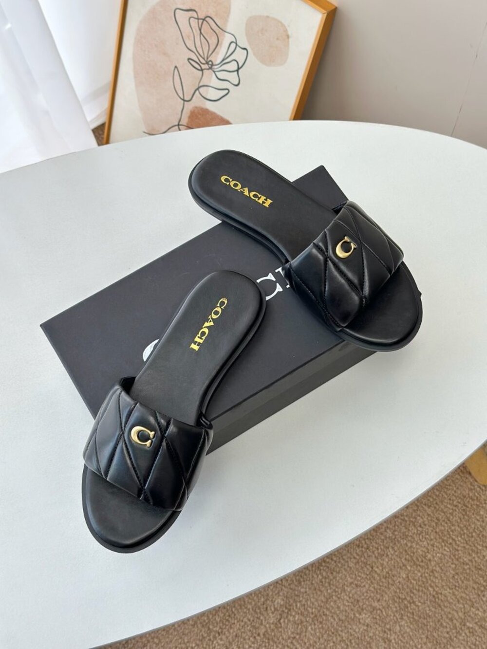 Coach Quilted Leather Slide Sandals Black Gold C Logo
